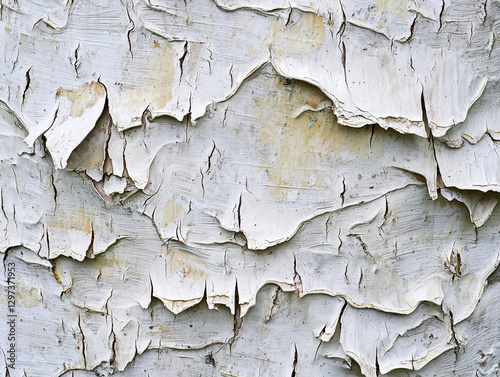Close-up image of peeling white tree bark with a textured surface.