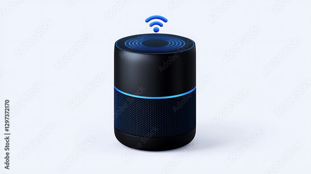 Sleek Black Smart Speaker with Blue Accent Light: 3D Product Render AI Generated Sleek Black Smart Speaker with Blue Accent Light: 3D Product Render AI Generated