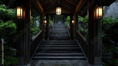 Serene entrance to a tranquil garden with steps leading through lush greenery and soft lighting