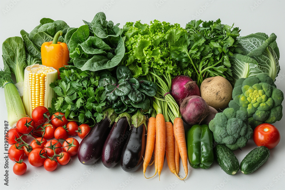 Fresh assorted vegetables on white background for cooking or healthy eating Fresh assorted vegetables on white background for cooking or healthy eating