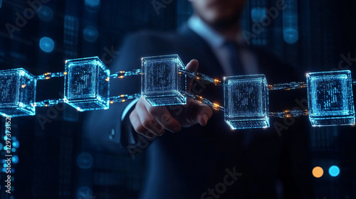 Blockchain Network – Businessman touching Digital Ledger in Cybersecurity Environment
