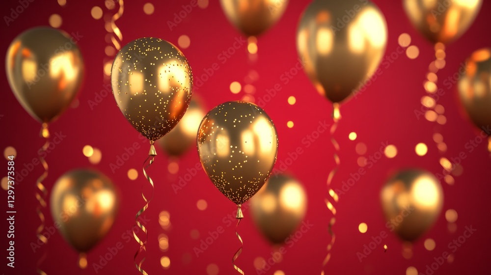 Red background with floating golden balloons, luxurious celebration card generative ai Red background with floating golden balloons, luxurious celebration card generative ai