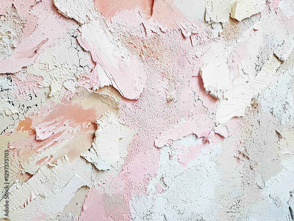 Fototapeta premium Close-up of an abstract painting with pink, white, and beige impasto brushstrokes.