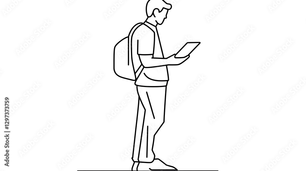 A man is walking with a backpack and reading a book A man is walking with a backpack and reading a book