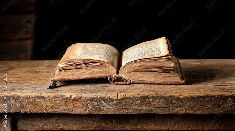Obraz premium Rustic wooden table adorned with a stack of antique books, an open volume revealing yellowed pages, timeless knowledge concept
