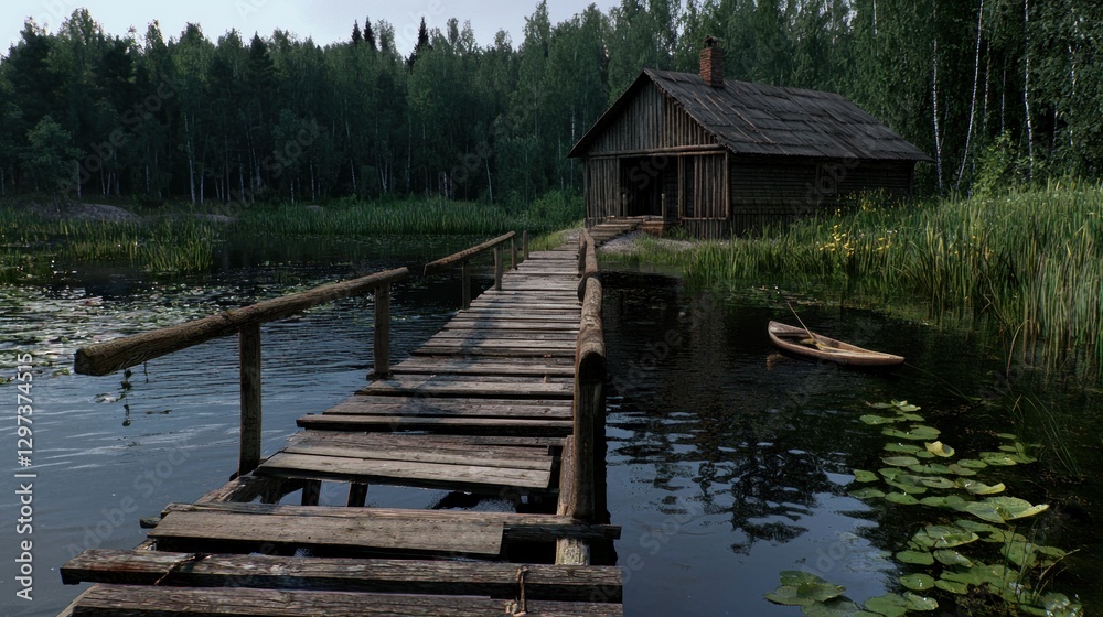 Serene wooden bridge leading to a rustic cabin by a tranquil lake surrounded by lush greenery Serene wooden bridge leading to a rustic cabin by a tranquil lake surrounded by lush greenery