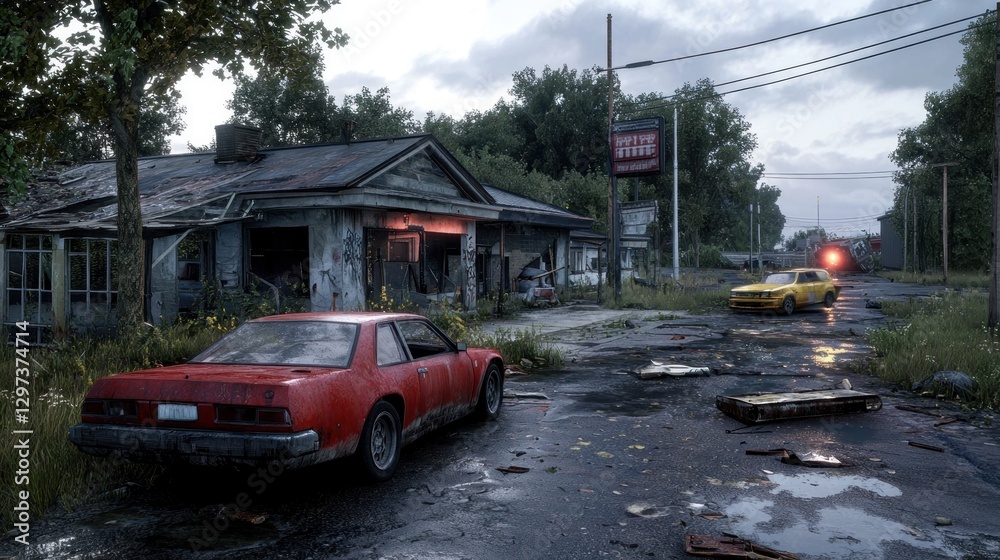Abandoned street scene featuring old red and yellow cars near a dilapidated house in a quiet town Abandoned street scene featuring old red and yellow cars near a dilapidated house in a quiet town