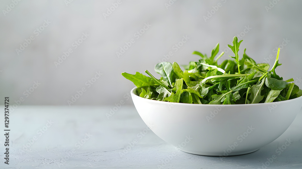 Fresh green salad in white bowl, vibrant colors, healthy ingredients, arugula, spinach, lettuce, nutritious meal, light dish, organic produce, simple presentation Fresh green salad in white bowl, vibrant colors, healthy ingredients, arugula, spinach, lettuce, nutritious meal, light dish, organic produce, simple presentation