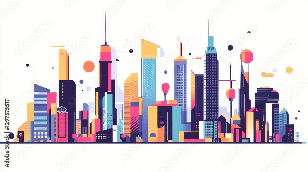 Obraz premium Futuristic city skyline; vibrant abstract buildings; digital art; background use