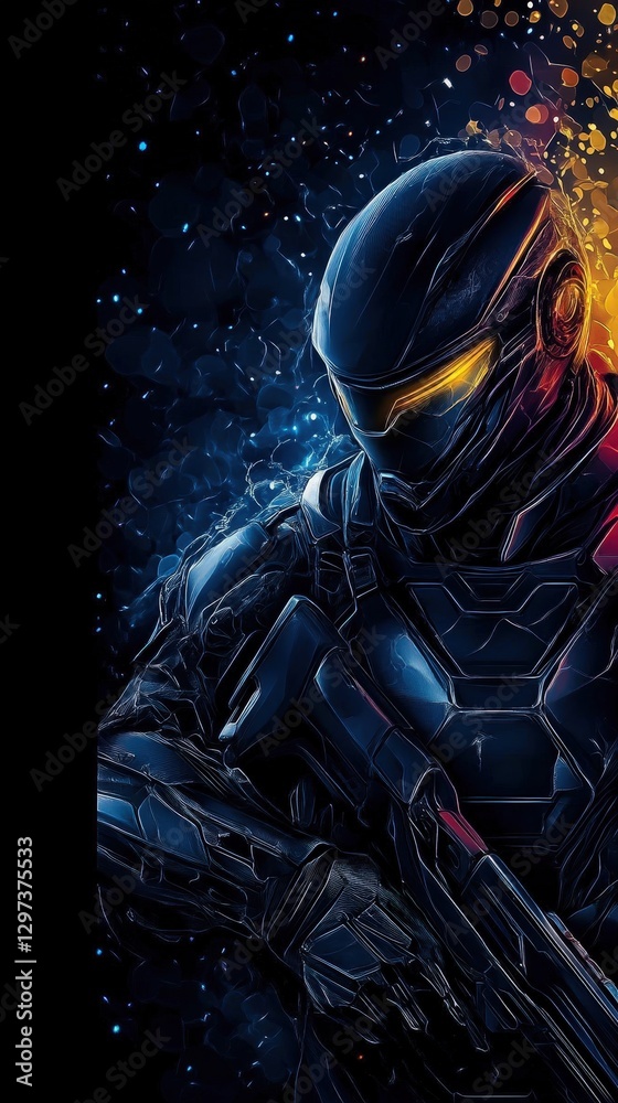 Fototapeta premium Futuristic Digital Art: Cyberpunk Warrior in Space Armor - Powerful Sci-Fi Portrait with Neon Lights and Advanced Technology