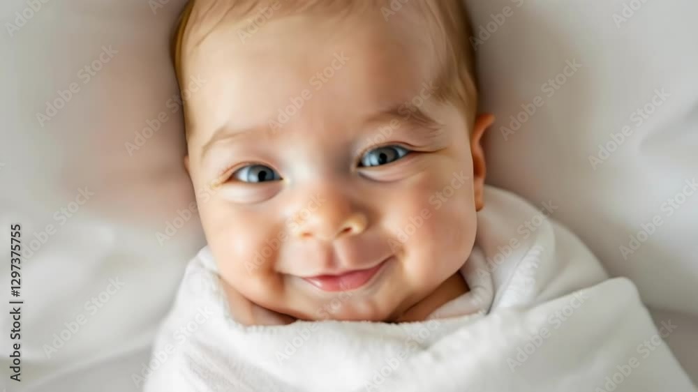 Smiling baby wrapped in cozy white blanket, looking directly with bright happy eyes. Perfect for parenting, baby care, and copy space needs. Smiling baby wrapped in cozy white blanket, looking directly with bright happy eyes. Perfect for parenting, baby care, and copy space needs.