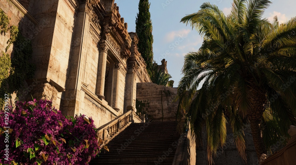 Serene staircase leading to historic architecture surrounded by vibrant flora in golden sunlight