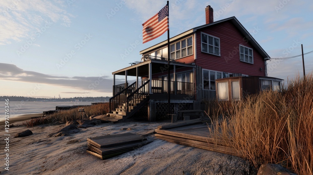Coastal house with American flag, sandy beach, and distant boats during sunset Coastal house with American flag, sandy beach, and distant boats during sunset
