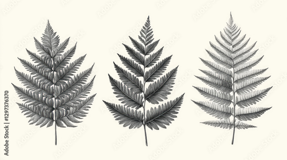 Three grayscale fern leaves, botanical illustration Three grayscale fern leaves, botanical illustration