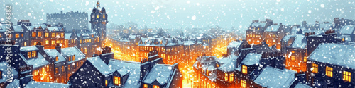 Stunning Winter Cityscape Vector Illustration of Snow-Covered European Rooftops with Glowing Windows and Falling Snowflakes at Twilight for Seasonal Design