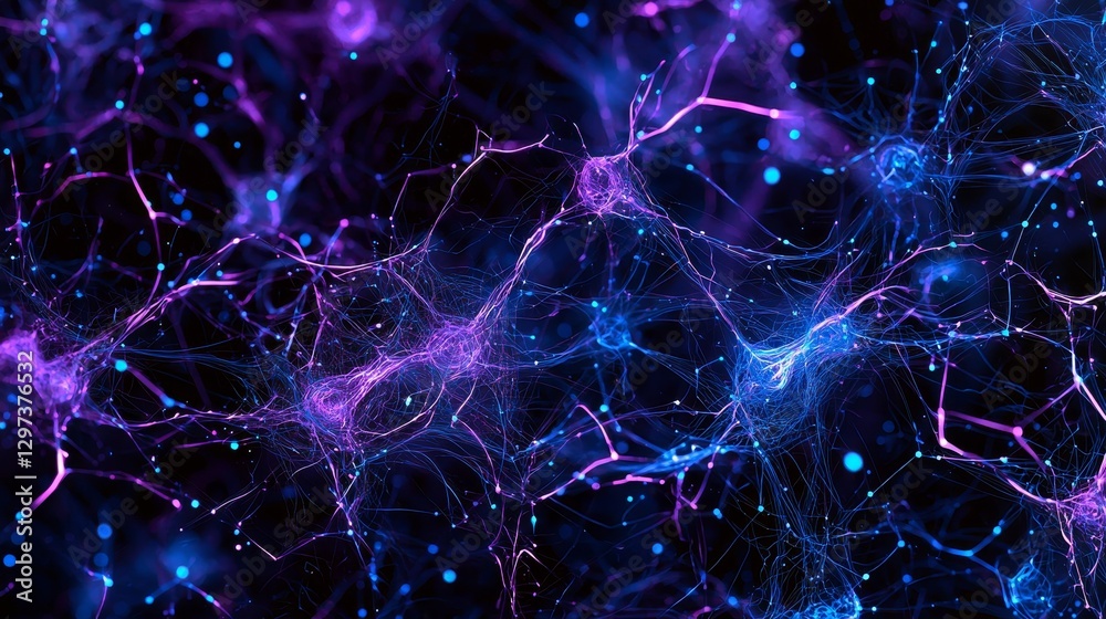 Naklejka premium Abstract technology banner with glowing neon circuits, intricate digital patterns, soft holographic overlay, deep blue and purple tones, futuristic vibe, 3D render