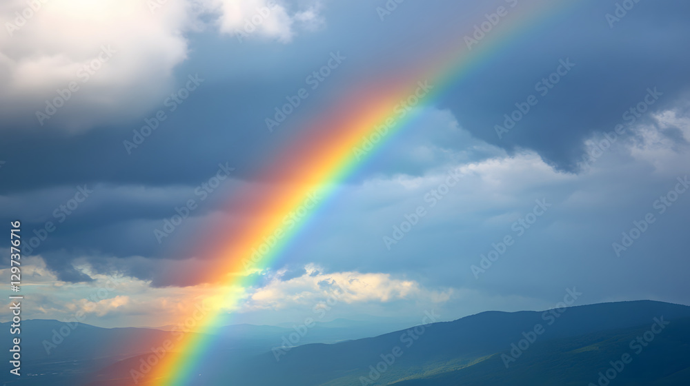 vibrant rainbow arcs across cloudy sky, illuminating landscape below with its colorful spectrum. scene captures beauty of nature after rain shower, evoking sense of wonder and tranquility vibrant rainbow arcs across cloudy sky, illuminating landscape below with its colorful spectrum. scene captures beauty of nature after rain shower, evoking sense of wonder and tranquility