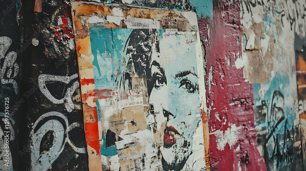 Fototapeta premium vibrant street art poster featuring woman face on textured wall, surrounded by colorful graffiti and urban art elements, creating dynamic visual experience