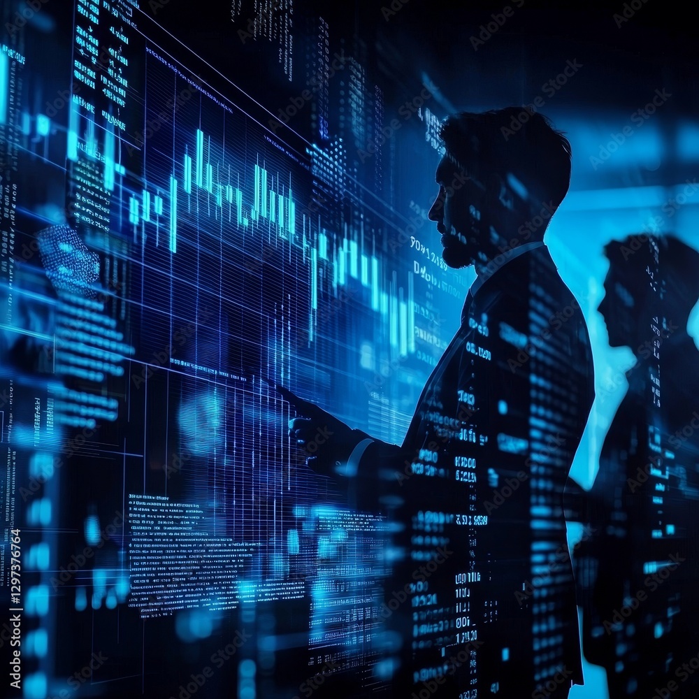 Obraz premium AI-powered trading analysis concept, layered silhouettes of financial professionals, digital streams of data in vivid neon blue