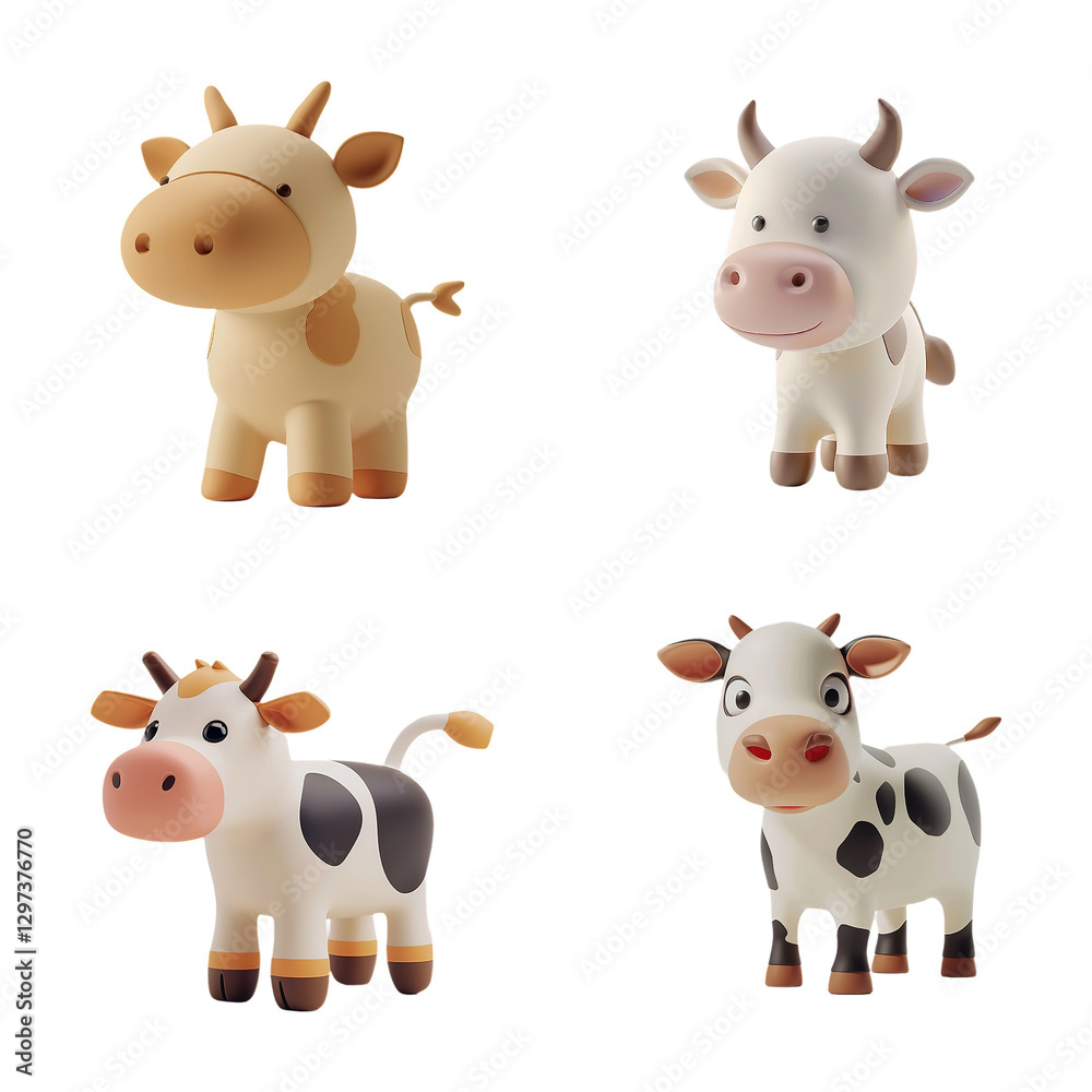 Obraz premium 3D Cows Set on Transparent Background