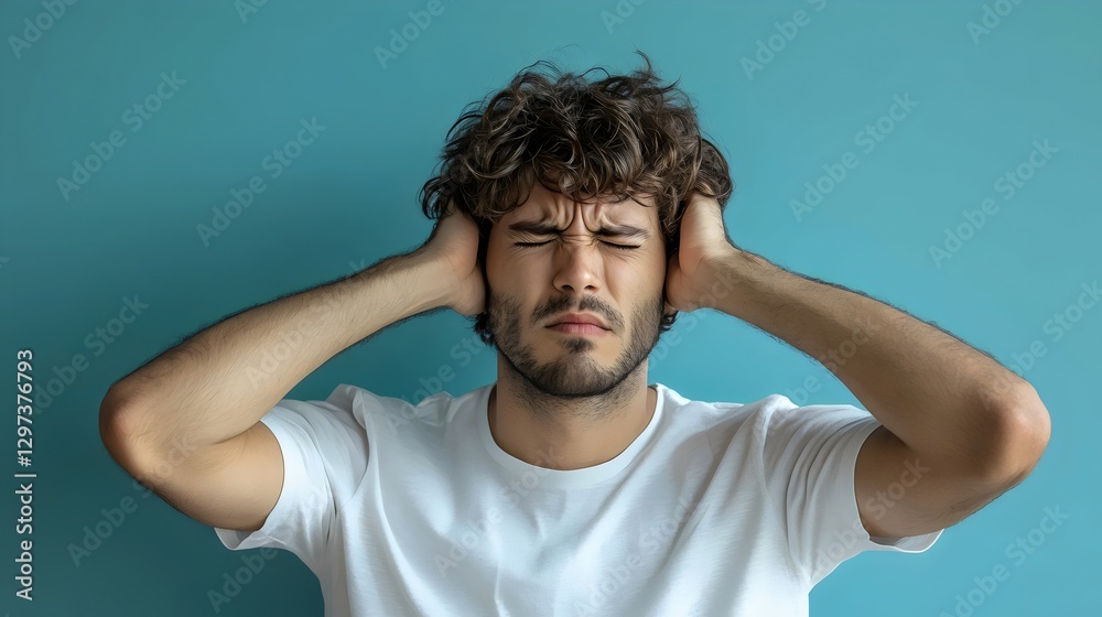 Man with Hands Covering His Ears, Loud Noise, Blue Background, AI Man with Hands Covering His Ears, Loud Noise, Blue Background, AI