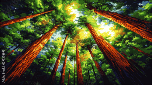 Vibrant Vector Forest Illustration with Tall Redwood Trees and Lush Green Canopy Under Sunlit Sky - Perfect Nature Art for Tranquil Ambiance and Design