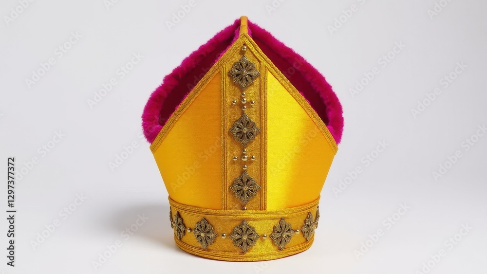 A bishop mitre hat with gold fabric and intricate embroidery, featuring a pink lining.