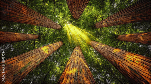 Majestic Redwood Forest Vector Art with Sunlight Filtering Through Canopy - Stunning Nature Illustration, Tall Trees, Lush Greenery, Tree Trunks, Scenic Beauty
