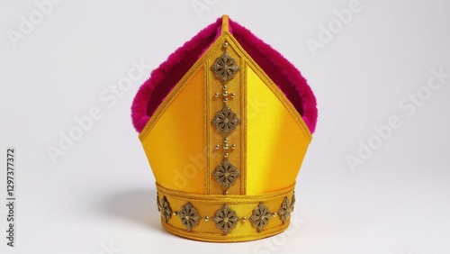 Obraz na płótnie A bishop mitre hat with gold fabric and intricate embroidery, featuring a pink lining. w salonie