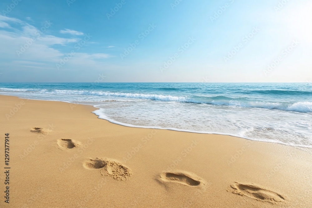 Empty Beach, Footprints in Sand, Calm Ocean, Sunny Day, Perfect Vacation, Image for Relaxation, Use as Background Empty Beach, Footprints in Sand, Calm Ocean, Sunny Day, Perfect Vacation, Image for Relaxation, Use as Background