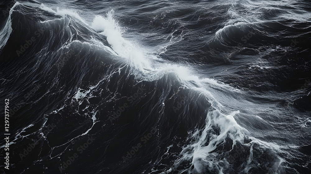 Majestic ocean waves create dramatic scene with dark monochrome tones, showcasing power and beauty of nature. swirling patterns evoke sense of movement and depth Majestic ocean waves create dramatic scene with dark monochrome tones, showcasing power and beauty of nature. swirling patterns evoke sense of movement and depth