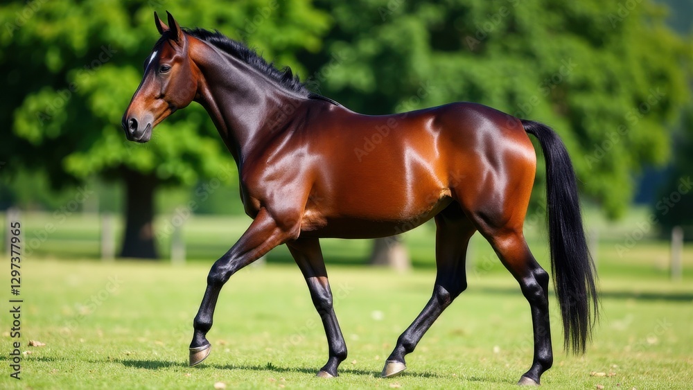 Obraz premium A black forest chestnut horse walking gracefully on a green field.