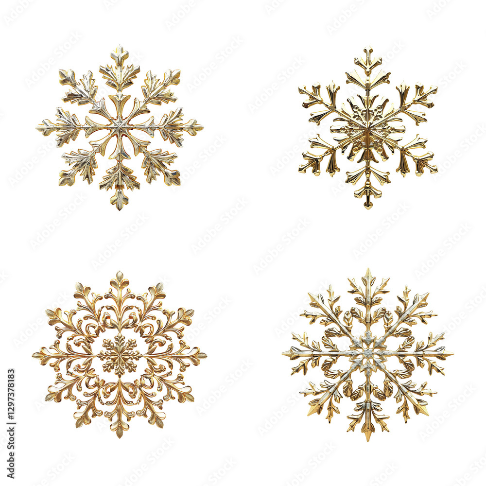 3D Gold Snow Flakes on Transparent Background 3D Gold Snow Flakes on Transparent Background