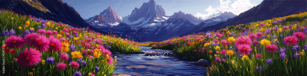 Majestic Mountain Landscape with Vibrant Wildflowers and Serene Stream Under Blue Sky - Perfect Nature Illustration for Serenity and Tranquility Lovers