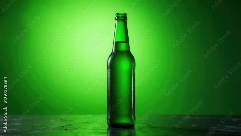 A bottled green beer stands on a surface with a green background, creating a vibrant and refreshing visual. A bottled green beer stands on a surface with a green background, creating a vibrant and refreshing visual.