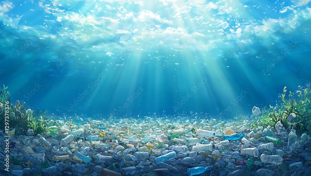 Naklejka premium A serene ocean scene depicts plastic bottles and trash on the sea floor, illuminated by sunlight. The clear sky and light clouds highlight the beauty and urgency of addressing marine pollution.