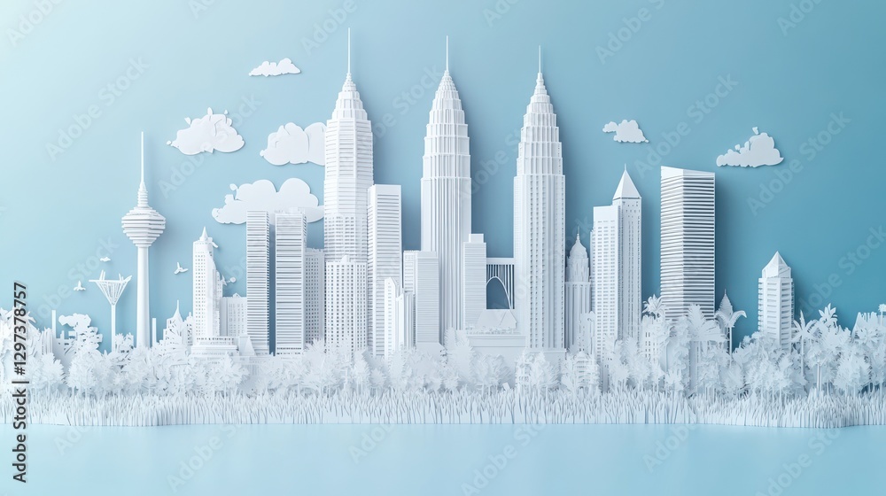 Fototapeta premium Paper Cityscape Illustration, White Buildings, Clouds, Trees, Minimalist, Abstract, Background, Stock Photo