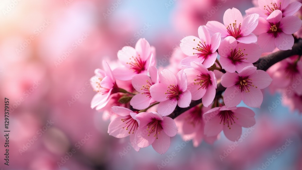A branch of cherry blossoms in full bloom with vibrant pink petals and yellow stamens against a blurred background. A branch of cherry blossoms in full bloom with vibrant pink petals and yellow stamens against a blurred background.