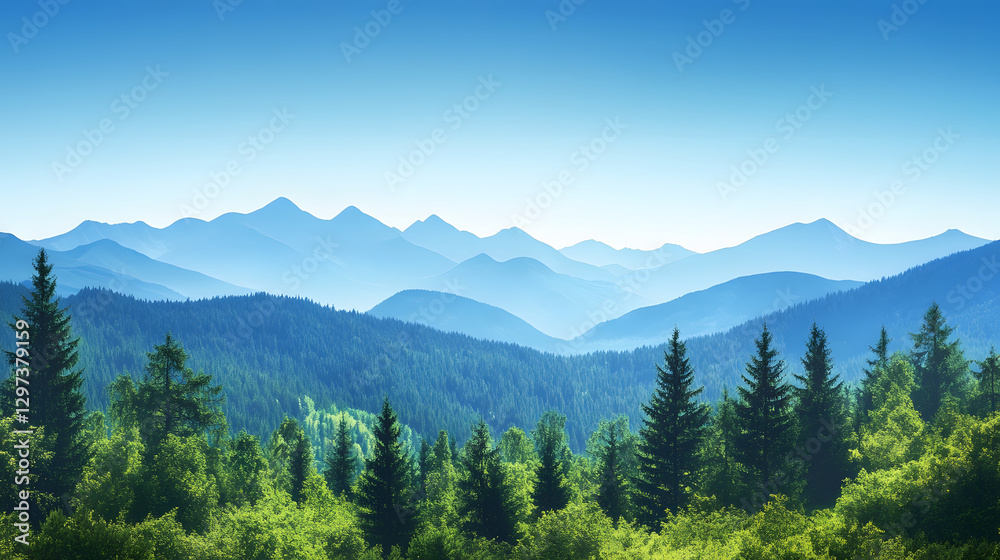 Fototapeta premium serene mountain landscape featuring lush green forests and distant peaks under clear blue sky. tranquil scene evokes sense of peace and natural beauty