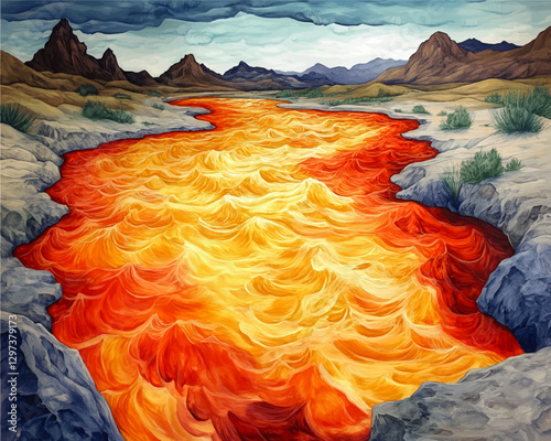 Stunning Vector Illustration of Volcanic Lava River in Dramatic Rocky Mountain Landscape with Fiery Flow and Vibrant Colors, Perfect for Adventure and Nature Themes