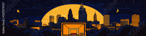 Vector Image of Night Cityscape with Full Moon Skyline and Glowing Basketball Hoop in Foreground - Perfect for Sports, Urban Art, and Nighttime Themes