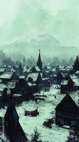 Snow-Covered Medieval Village Scene with Church in Wintery Alpine Background - Intricate Architecture, Snowy Landscape, Historical Wintertime Atmosphere