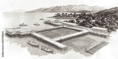 Historic Coastal Fishery Dock Vector Art with Boats, Pier, and Mountains - Scenic Harbor Landscape Illustration with Detailed Waterfront Architecture and Trees