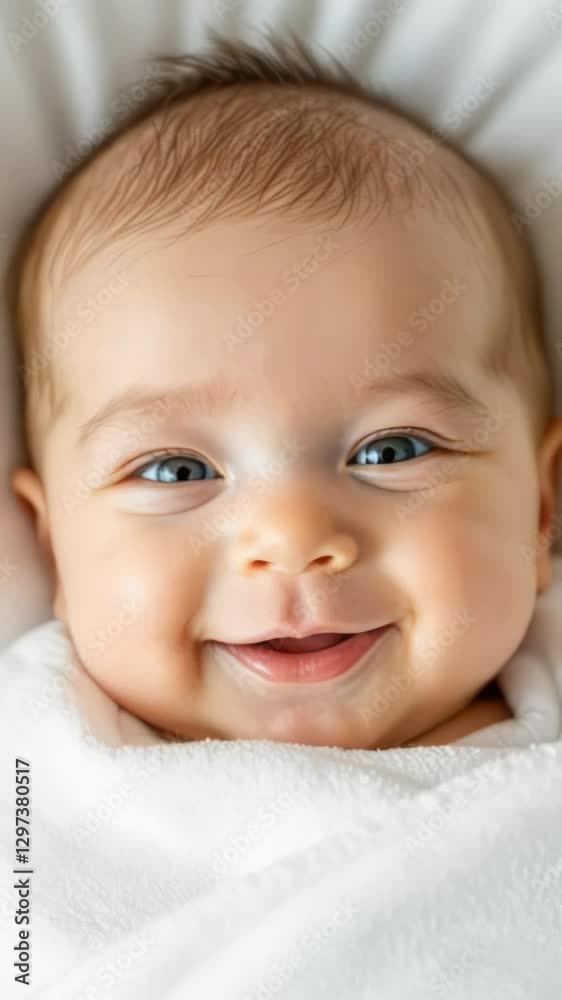 Close-up portrait of smiling baby wrapped in soft white blanket, looking directly at camera. The infant's joyful expression conveys warmth and innocence. Close-up portrait of smiling baby wrapped in soft white blanket, looking directly at camera. The infant's joyful expression conveys warmth and innocence.