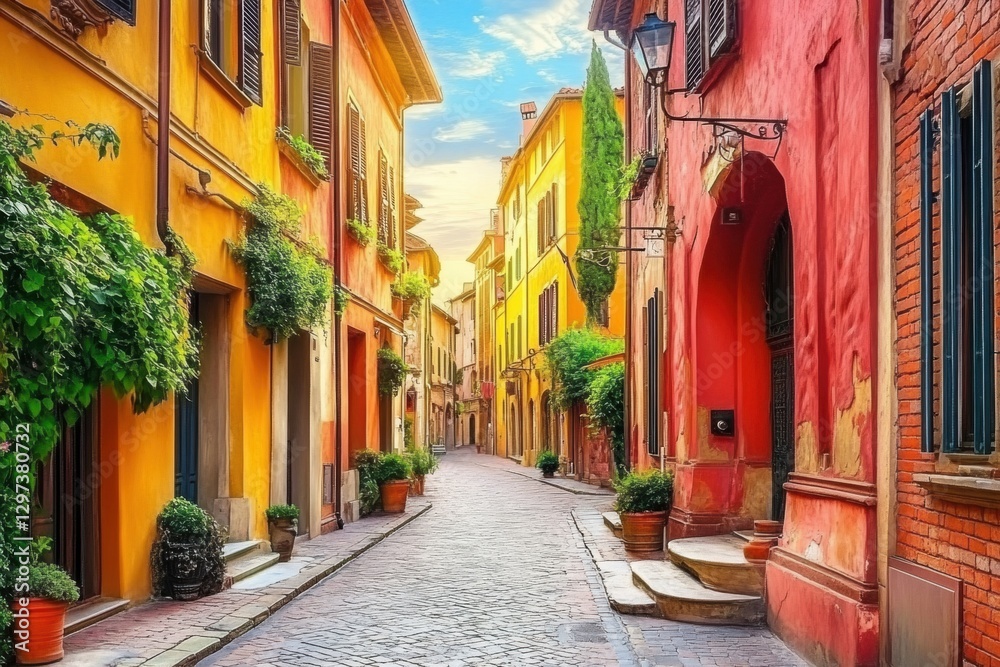 Fototapeta premium a street in Bologna, Italy, with colorful buildings and ancient architecture with copy space Generative AI