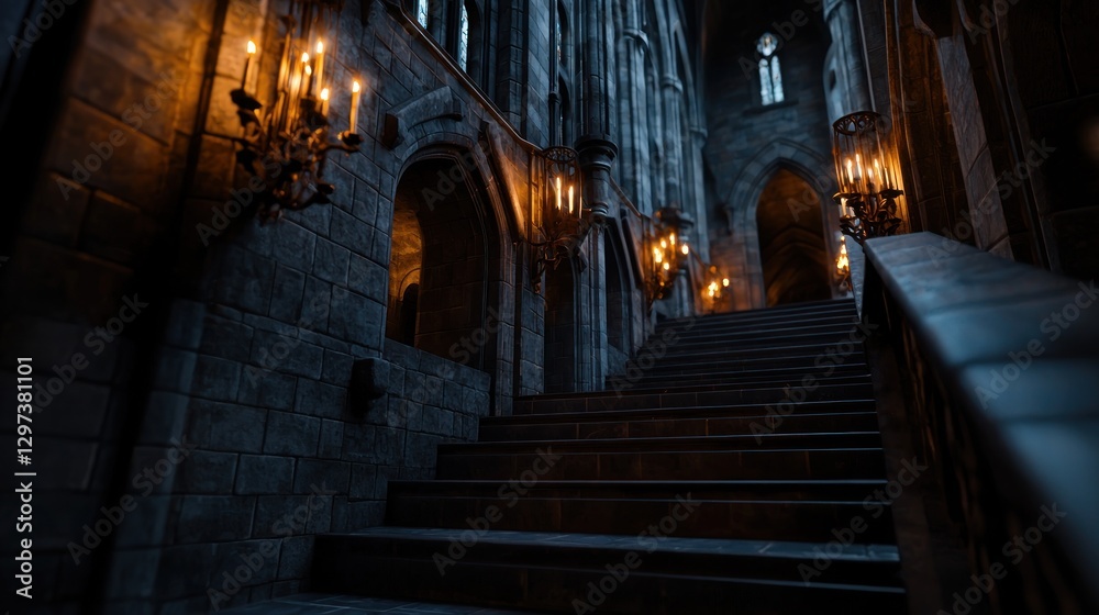 Dimly lit staircase in a gothic castle with flickering candles and stone walls, evoking mystery Dimly lit staircase in a gothic castle with flickering candles and stone walls, evoking mystery