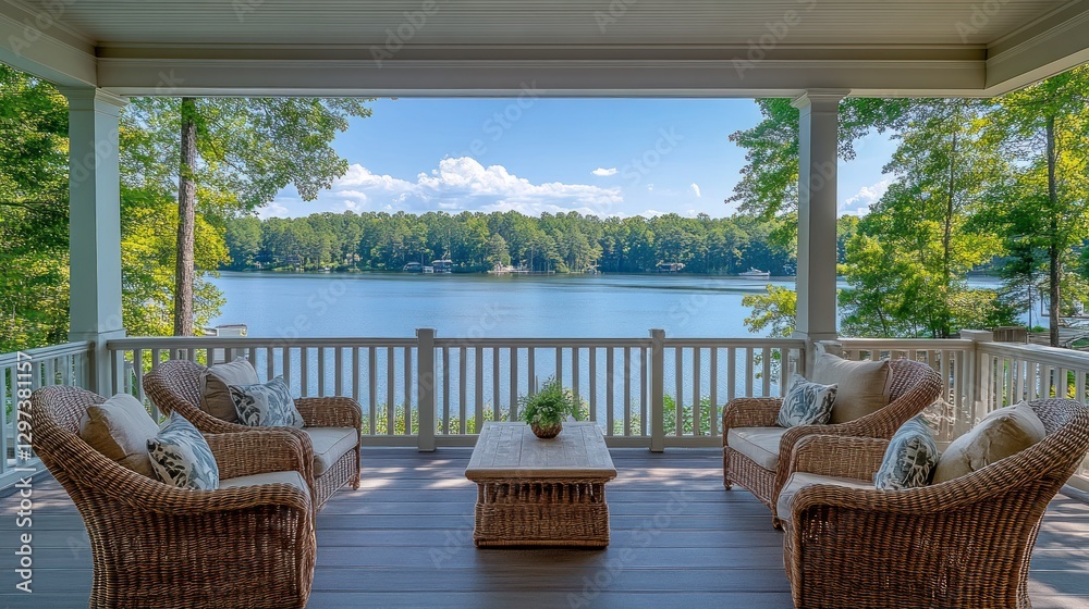 Lakefront porch overlooking serene water Lakefront porch overlooking serene water