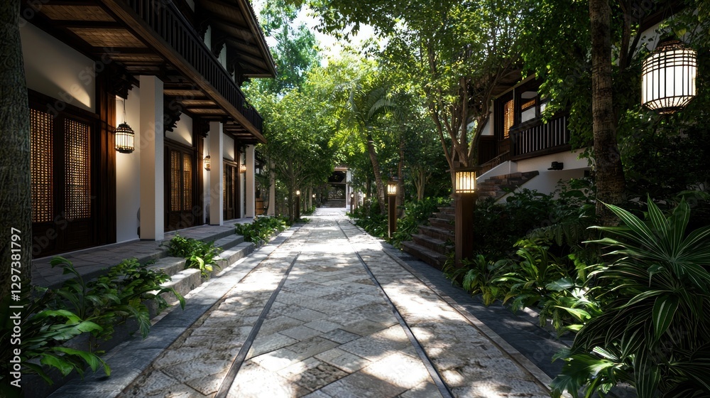 Serene pathway through lush greenery leading to tropical villas with soft lighting at dusk Serene pathway through lush greenery leading to tropical villas with soft lighting at dusk