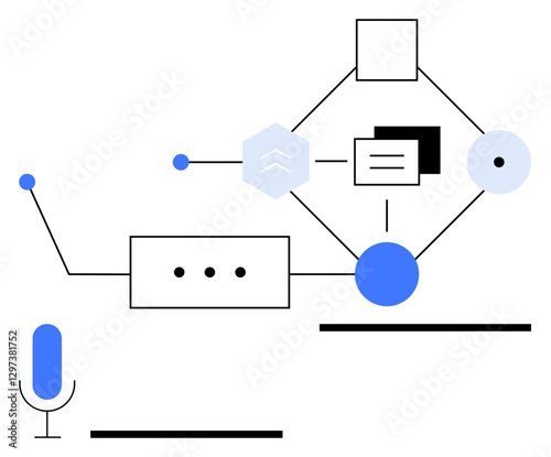 Geometric shapes, lines, and a microphone forming a network conveying communication, data flow, process logic, and AI. Ideal for teamwork, tech systems, machine learning business media automation