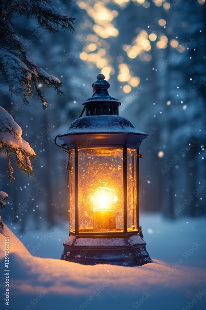 Glowing lantern illuminating snowy winter forest at dusk Glowing lantern illuminating snowy winter forest at dusk